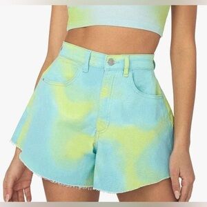 NWT WeWoreWhat Flare Bell Shorts in Stretch Twill Denim Tie Dye - Size 25